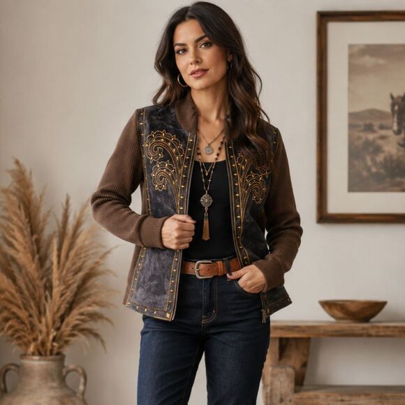 Bob Mackie Jackets & Blazers - Bob Mackie Wearable Art Leather Knit Embroidered Zip Jacket L NWT Vintage